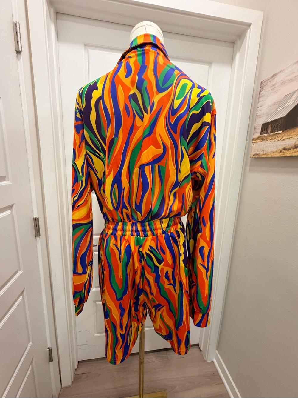 SOLD!!!! Vibrant Multi-Color Drawstring Waist Long-Sleeve Romper - Picture 2 of 7